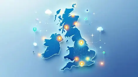 Uk simplified map eight network nodes cloud tech illustration
