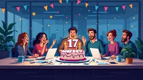 Festive office birthday celebration 17th anniversary laptops technology