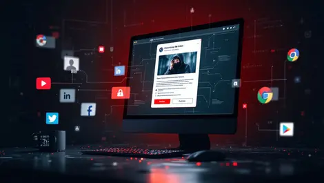 Dark computer monitor deceptive advertisement digital shadows social media icons data theft hacking cybercrime