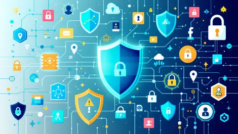 Diverse cybersecurity icons shields locks networks threat detection protection digital shield enhanced security