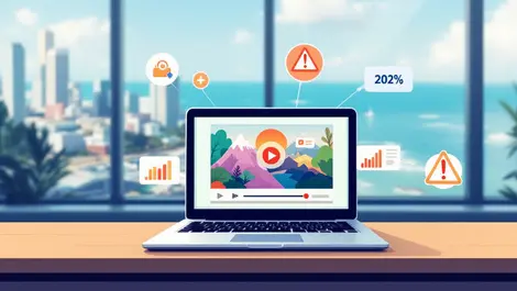 Laptop playing digital video ads with engagement metrics ad fraud warnings in modern australian office