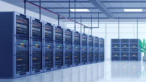 Modern data center multiple server racks clean professional tiered services realistic neutral tones