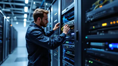 Modern telecommunications technician installing fibre optic panels in data center