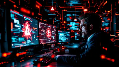 Darkened office multiple computer screens warning cyber threats alerts