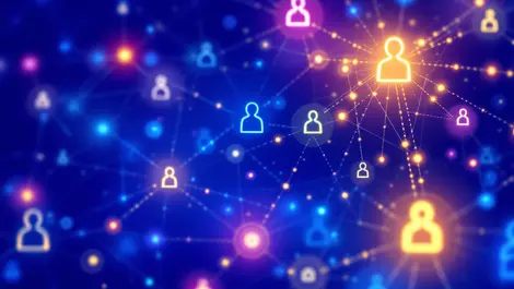 Digital illustration interconnected human outlines network nodes data flow