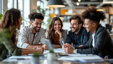 Diverse usa office workers collaborating modern conference table teamwork positive interactions