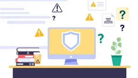 Small business office computer shield icon warning question marks cybersecurity uncertainty