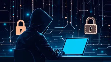 Hooded figure laptop digital network lines lock ai cyber attacks dark scheme