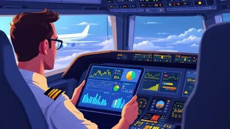 Modern airline pilot cockpit using tablet animated charts graphs