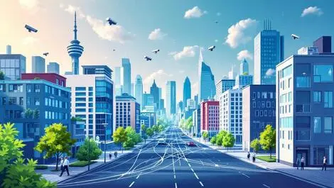 European city modern buildings surveillance cameras data flow urban tech