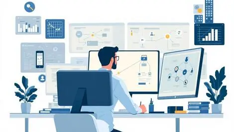 Computer technician working at desk with network diagrams and automation icons modern office environment