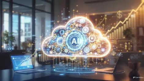 Glowing cloud with data nodes gears financial graphs dollar symbols ai business growth