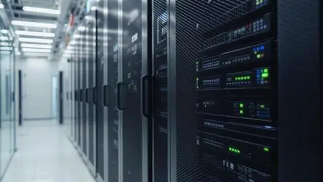 Realistic photo large black data center server racks close up hard drives led lights high tech ai