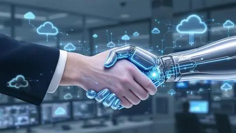 Realistic handshake human robotic hand security cameras cloud icons trust ai tech