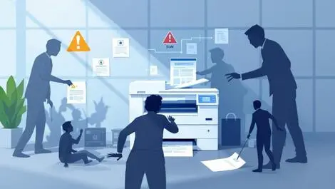 Realistic office printer with security warnings digital lock shadowy figures access