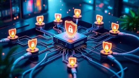 Realistic small business office network cables firewall glowing shields protection