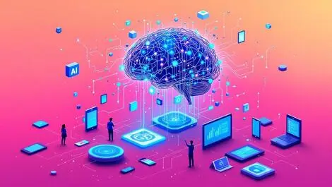 Artificial intelligence brain with circuits nodes above digital devices