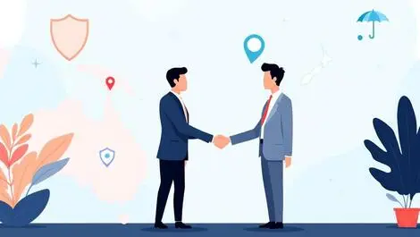 Business professionals shaking hands insurance icons pacific countries