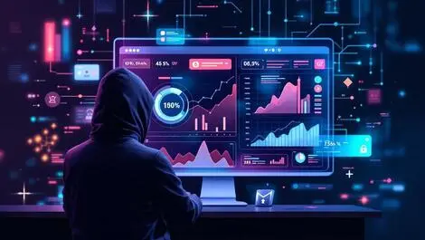 Realistic digital dashboard graphs alerts hooded cyber threats data flow