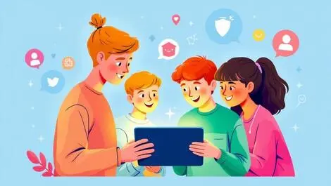 New zealand teenagers engaged around tablet online safety illustration