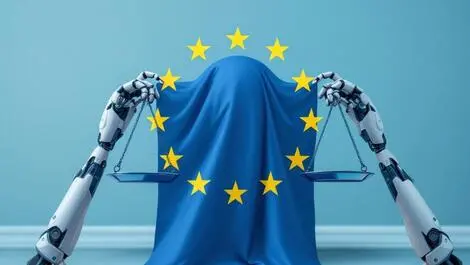 European union flag robotic hands holding balanced scale ai regulation