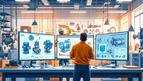 Engineers collaborating 3d digital electric motor models automotive parts modern office