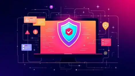 Computer with shield digital code alert icons advanced cyber defenses testing online threats