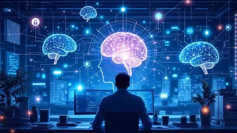 It professional inspecting glowing data streams connected to abstract human brains ai risk monitoring