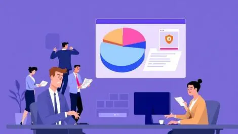 Pie chart security section businesspeople reviewing documents computer shield modern office