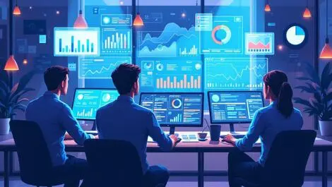 Realistic illustration market researchers digital dashboards graphs charts collaboration advanced data analysis