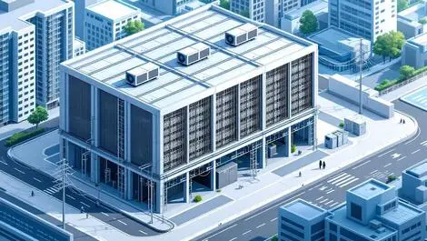 Modern data center building cooling units server racks south korea urban landscape realistic power cables