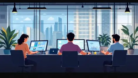 Australian office workers collaborating with laptops tablets tech upskilling