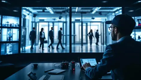 Security guard monitoring surveillance cameras control room employees moving through secure doors