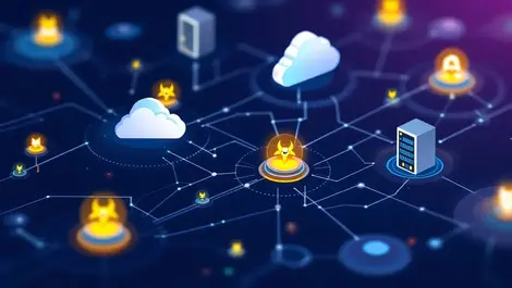 Detailed graphic network servers clouds hazard symbols cyber threat detection