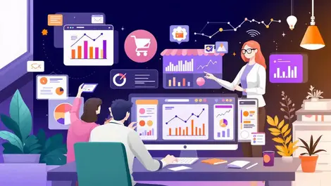 Team professionals analyzing product trends charts digital market