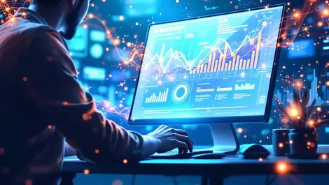 Marketer analyzing data ai quantum computing digital waves tech change