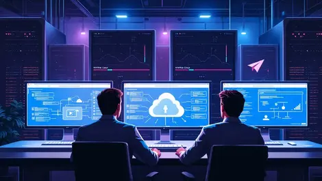 Realistic it professionals monitoring computer screens virtual machines cloud icons hybrid cloud infrastructure migration