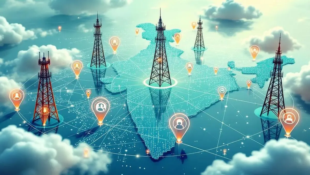 Interconnected mobile devices network towers data streams india map