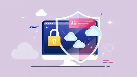 Locked shield over computer screen with cloud icons secure web applications