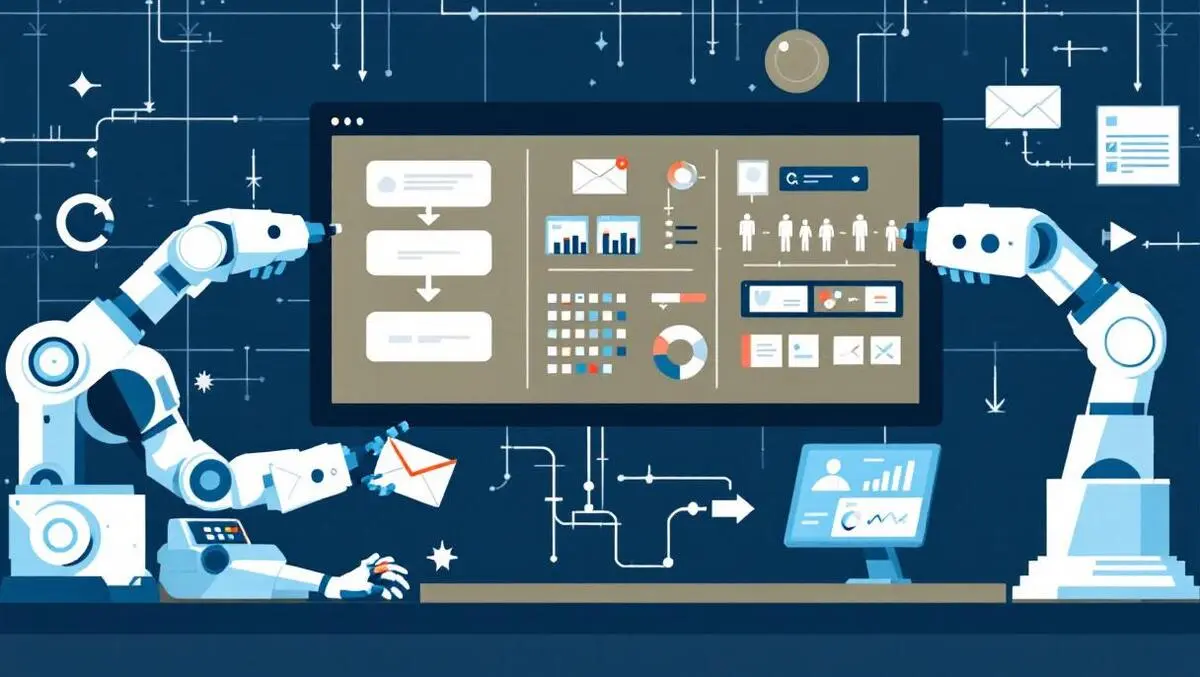 Robotic arms digital interfaces automating office tasks emails calls workflow
