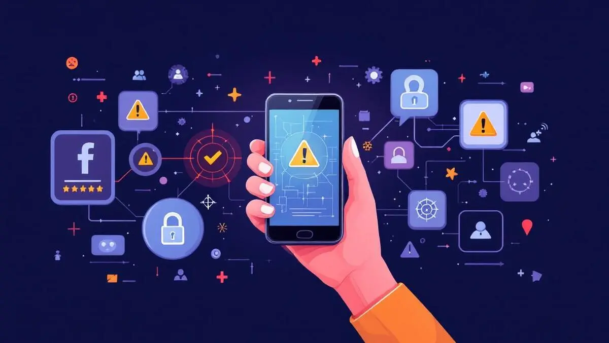 Hand holding smartphone with digital warnings and security breach icons