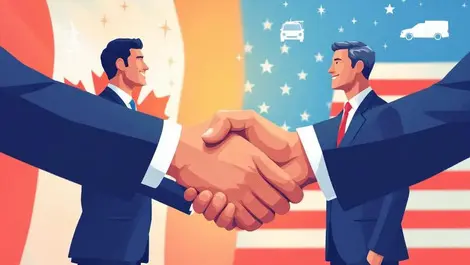 Business shaking hands canadian us flags cross border mergers acquisitions energy vehicle icons