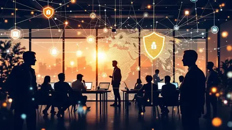 Office environment human silhouettes digital shield icons ai security network connections
