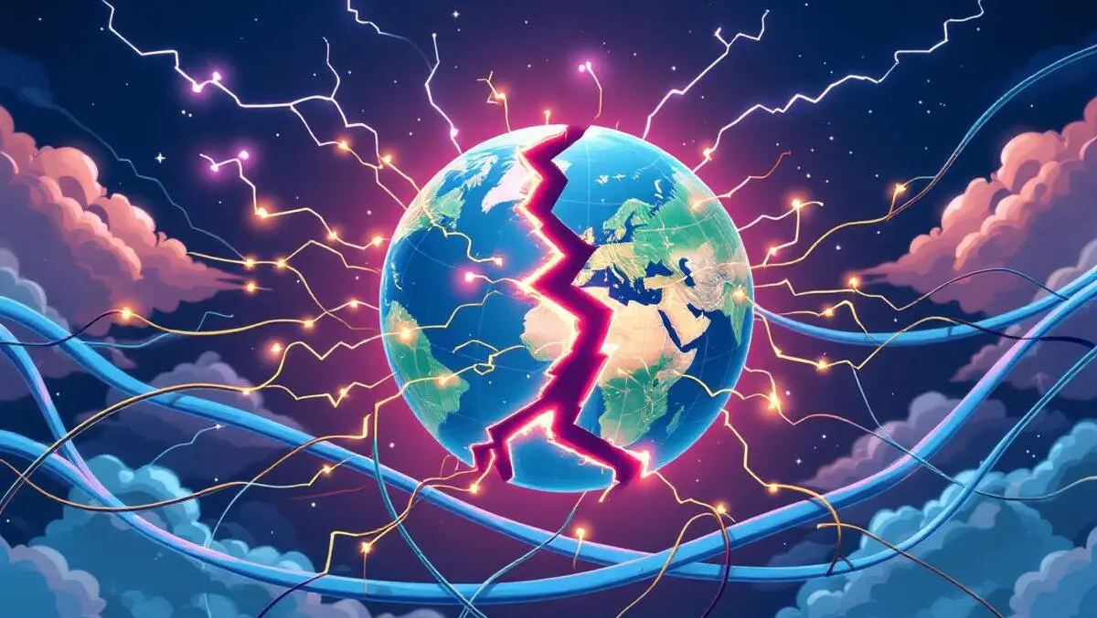 Fractured globe glowing network cables sparking storm clouds lightning