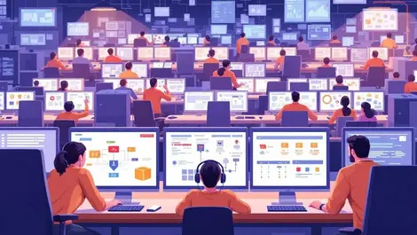 Realistic illustration busy online retail operations center staff monitoring
