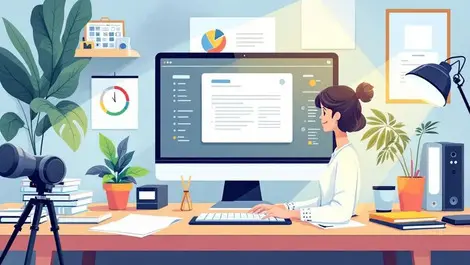 Clean organized office workspace simple computer interface happy professional