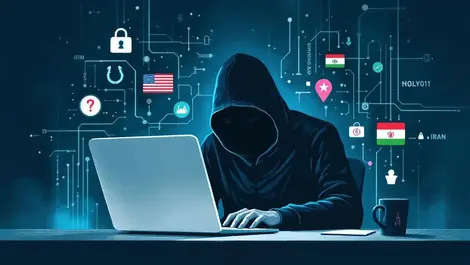 Shadowy figure computer digital symbols phishing hooks us iran cyber espionage