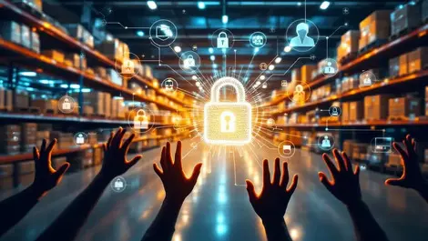 Retail store digital lock warning icons shadowy hands network connections supply chain cybersecurity vulnerability