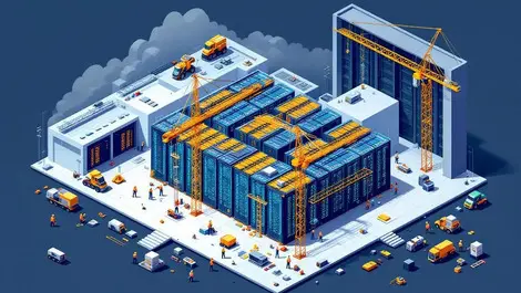 Large data center under construction cranes power lines server racks workers