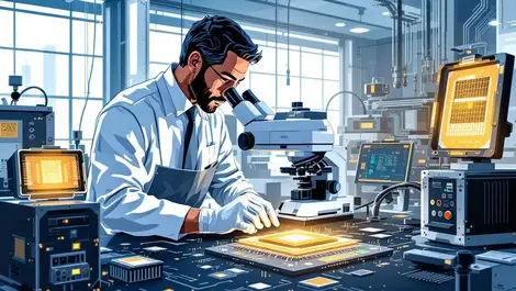 Technician examining microchip microscope semiconductor manufacturing lab precision technology